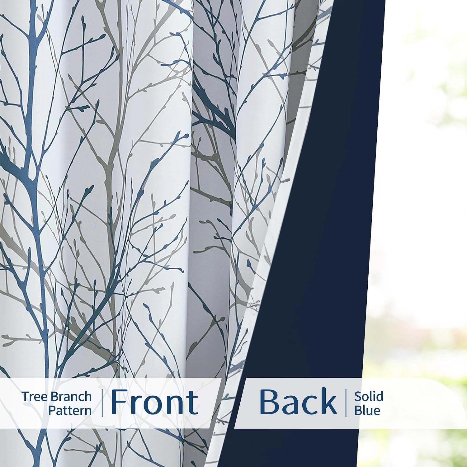100% Blackout Curtains, Blue White Tree Curtains, Grey Farmhouse Room Darkening Window Curtains