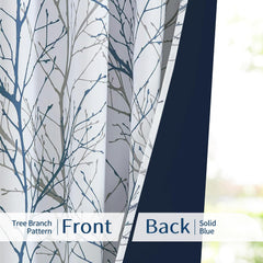 100% Blackout Curtains, Blue White Tree Curtains, Grey Farmhouse Room Darkening Window Curtains