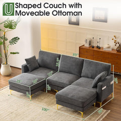 100" W U Shaped Couch with Ottoman, 22" Deep Seat Comfortable Sectional Couches for Living Room