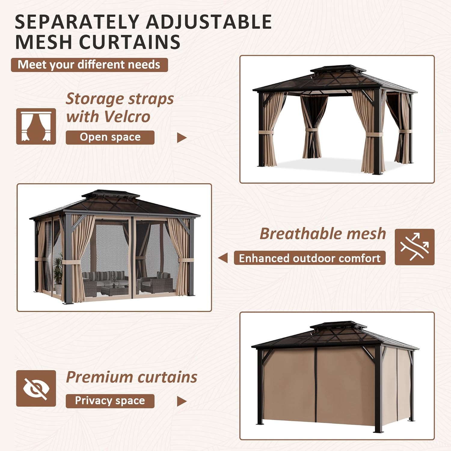 10'x12' Aluminum Polycarbonate Roof Gazebo Brown | Outdoor Hardtop Pergola with Aluminum Frame, Curtains and Netting