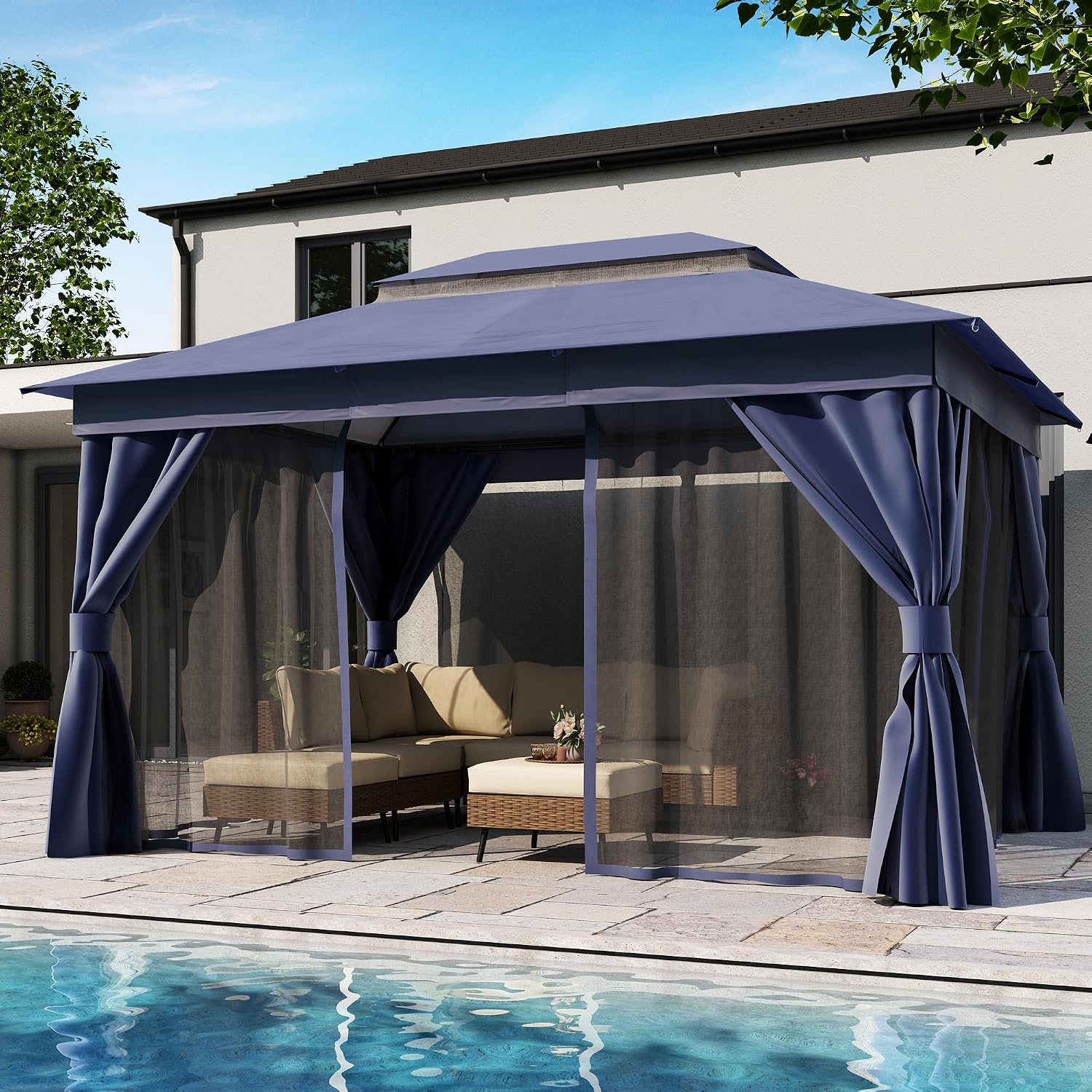 10'x13' Outdoor Gazebo, Metal Frame Heavy Duty Patio Canopy Tent Shelter with Double Roofs - Navy Blue