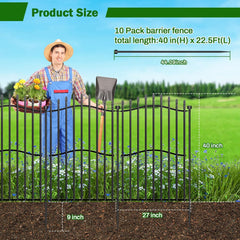 10 Panels Tall No Dig Garden Fence - 40in H x 22.5ft L, Reinforced Square Tube Rustproof Animal Barrier, Decorative