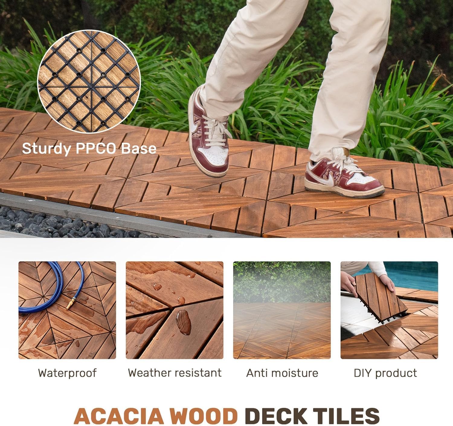 10 PCS Interlocking Deck Tiles, 12" x 12" Acacia Wood Patio Tiles with Diagonal Pattern, Weather-Resistant Snap