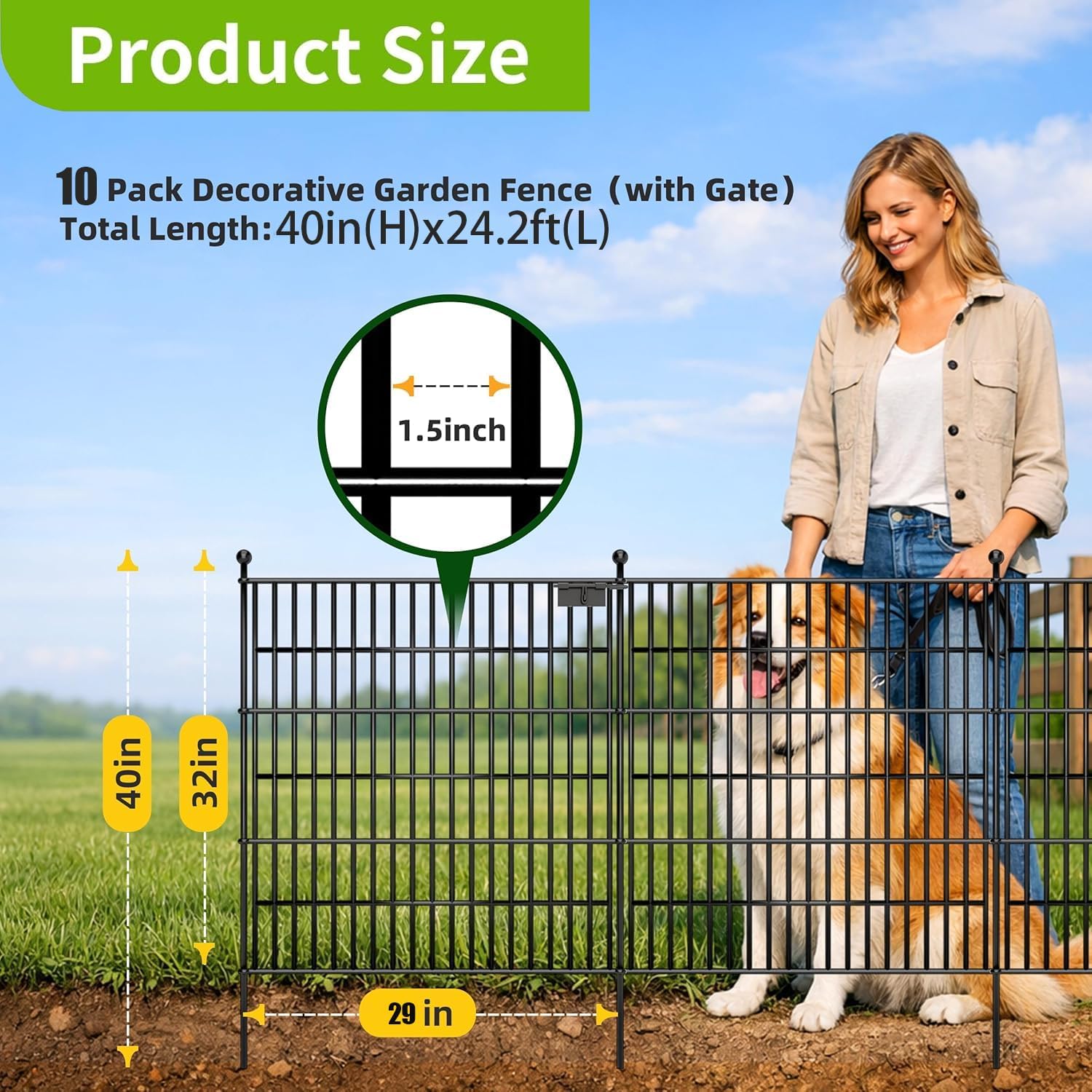 10 Panels No Dig Garden Fence with Gate, 32 in(H) X24.2 ft(L) Metal Fence Panels, Thickened Rustproof Garden Fencing