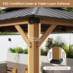10' X 12' Wood Gazebo Hardtop Outdoor Permanent Pavilion with Double Galvanized Steel Roof Snow Support
