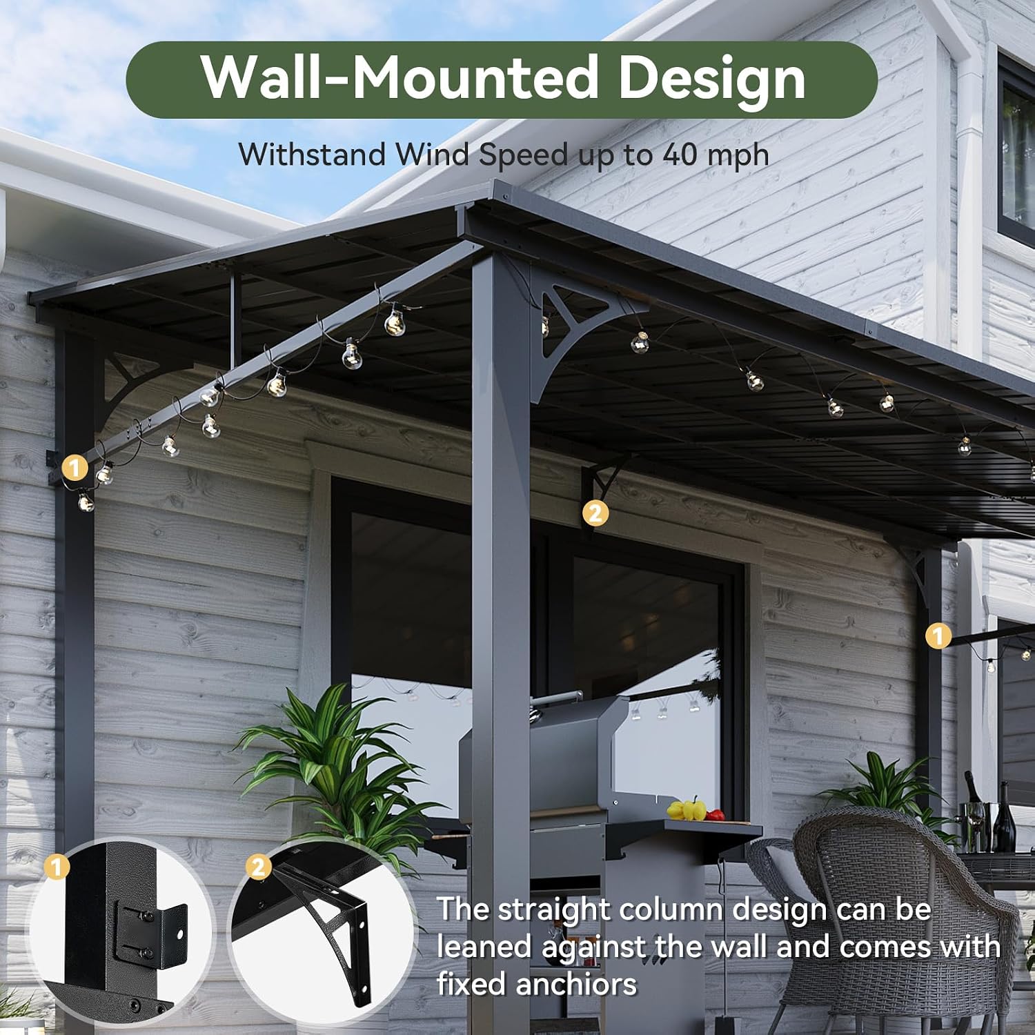 10' x 12' Hardtop Lean-to Gazebo, Wall-Mounted Pergola with Sloping Galvanized Steel Roof – Black