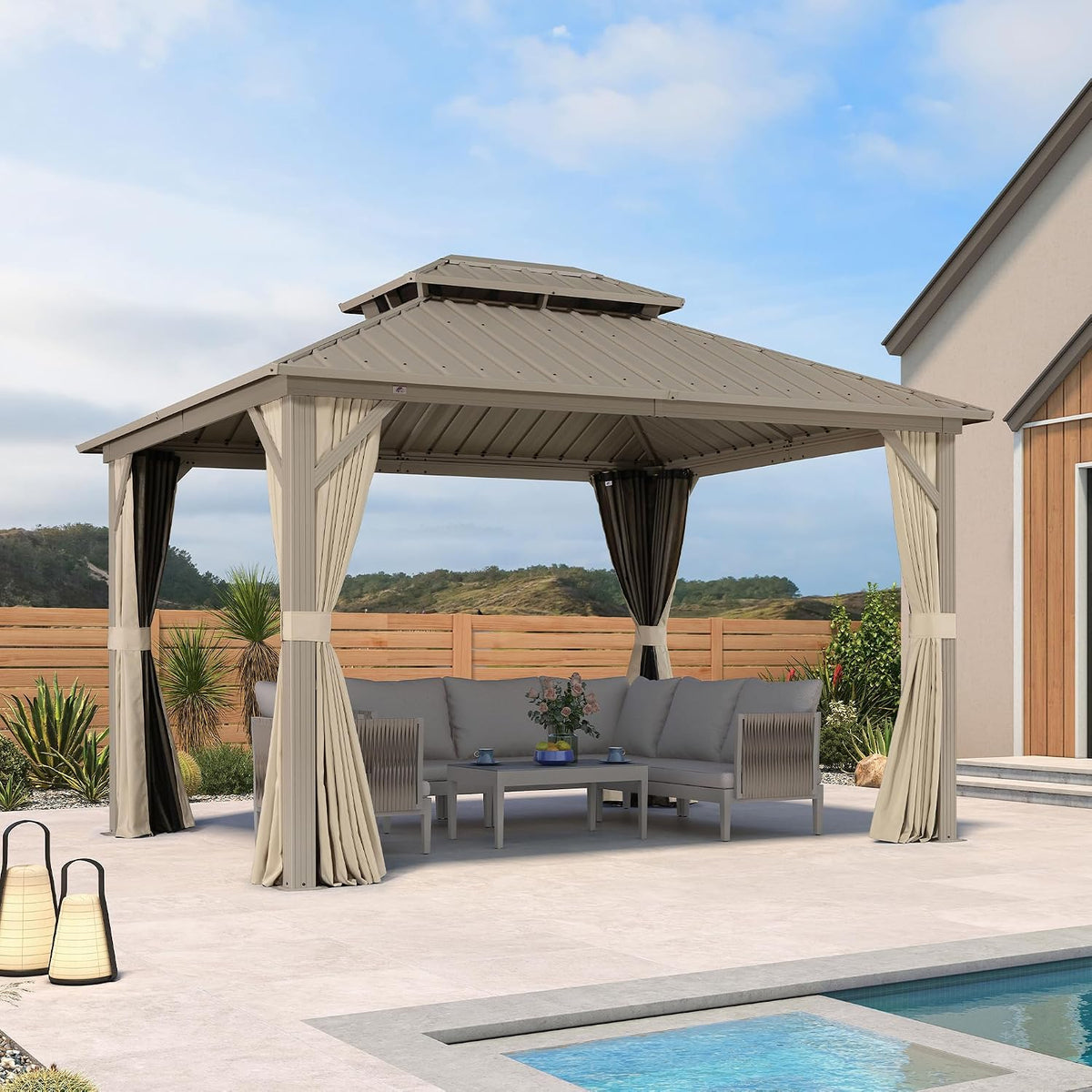 10' x 12' Outdoor Hardtop Gazebo, Champagne Aluminum Gazebo with Galvanized Steel Double Roof