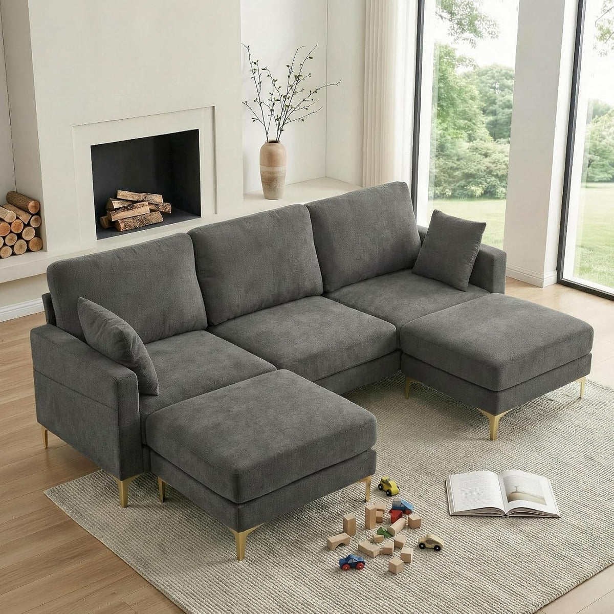 100" W U Shaped Couch with Ottoman, 22" Deep Seat Comfortable Sectional Couches for Living Room