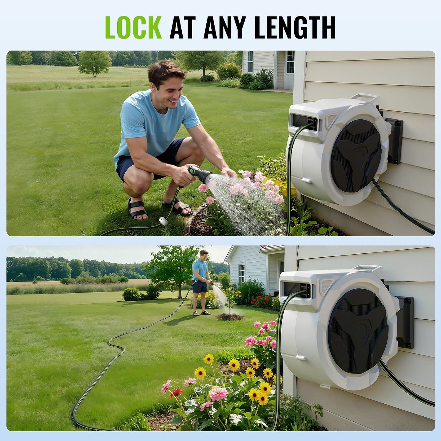 100 FT x 1/2 Inch Retractable Garden Hose Reel for Garden Watering | Any-Length Lock, 10-12s Auto Rewind, 10 Spray