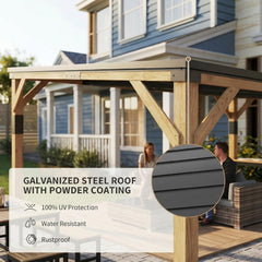 10' x 14' Wooden Gazebo with Galvanized Steel Sloped Roof, Hardtop Lean-to Gazebo Pergola with Bar Shelf