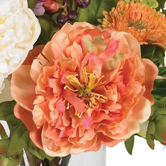 10 in Artificial Peony Arrangement in Glass Vase | Mixed Peony Faux Flower Blooms, Liquid Illusion Water in Glass