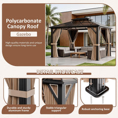 10'x12' Aluminum Polycarbonate Roof Gazebo Brown | Outdoor Hardtop Pergola with Aluminum Frame, Curtains and Netting