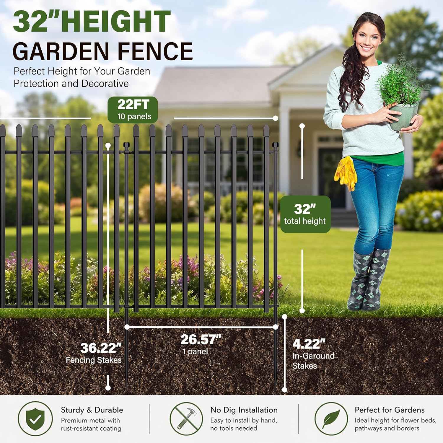 10 Panels No Dig Decorative Garden Fence with Gate, 32in(H) × 22ft(L) Heavy-Duty Rustproof Metal Panels, Outdoor Dog