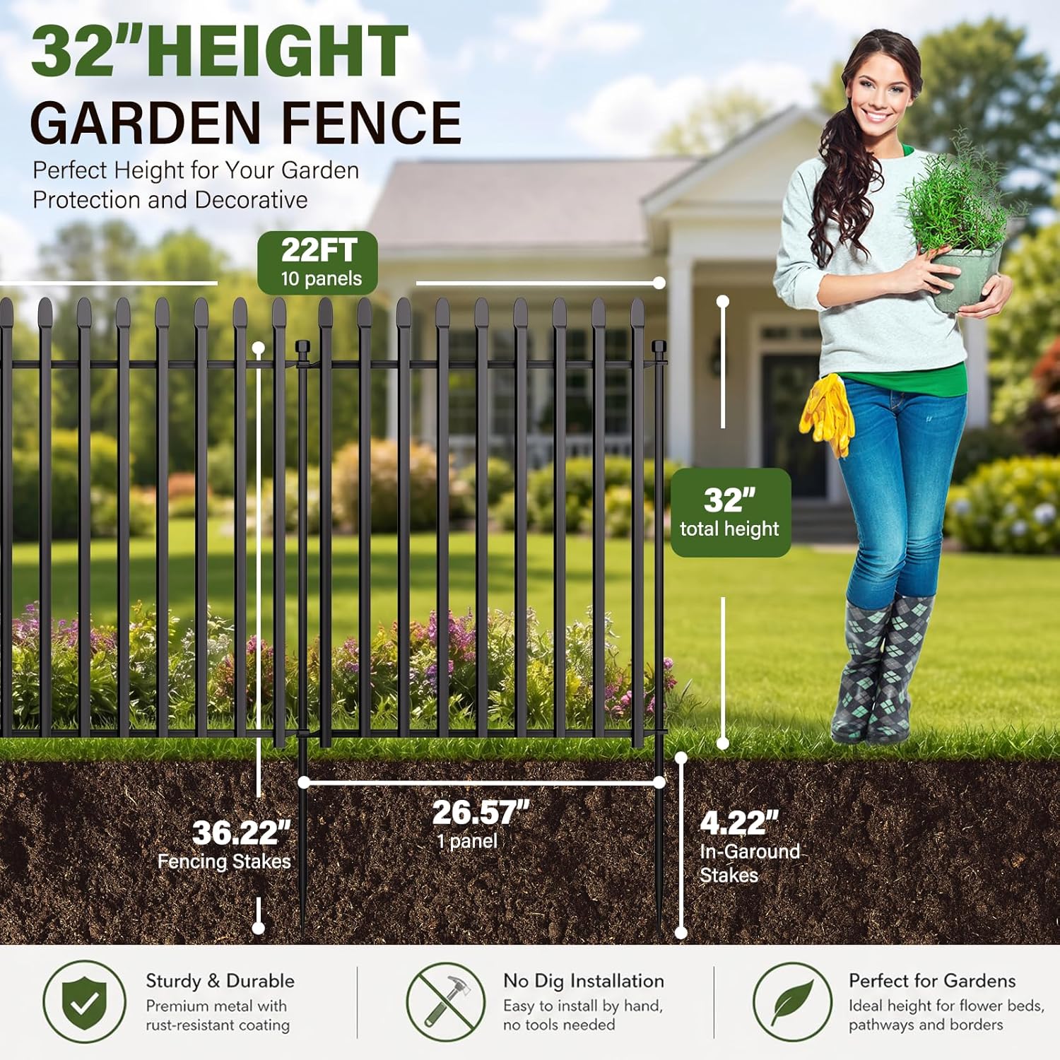 10 Panels No Dig Decorative Garden Fence, 32in(H)×22ft(L) Heavy-Duty Rustproof Metal Panels, Outdoor Dog Barrier for