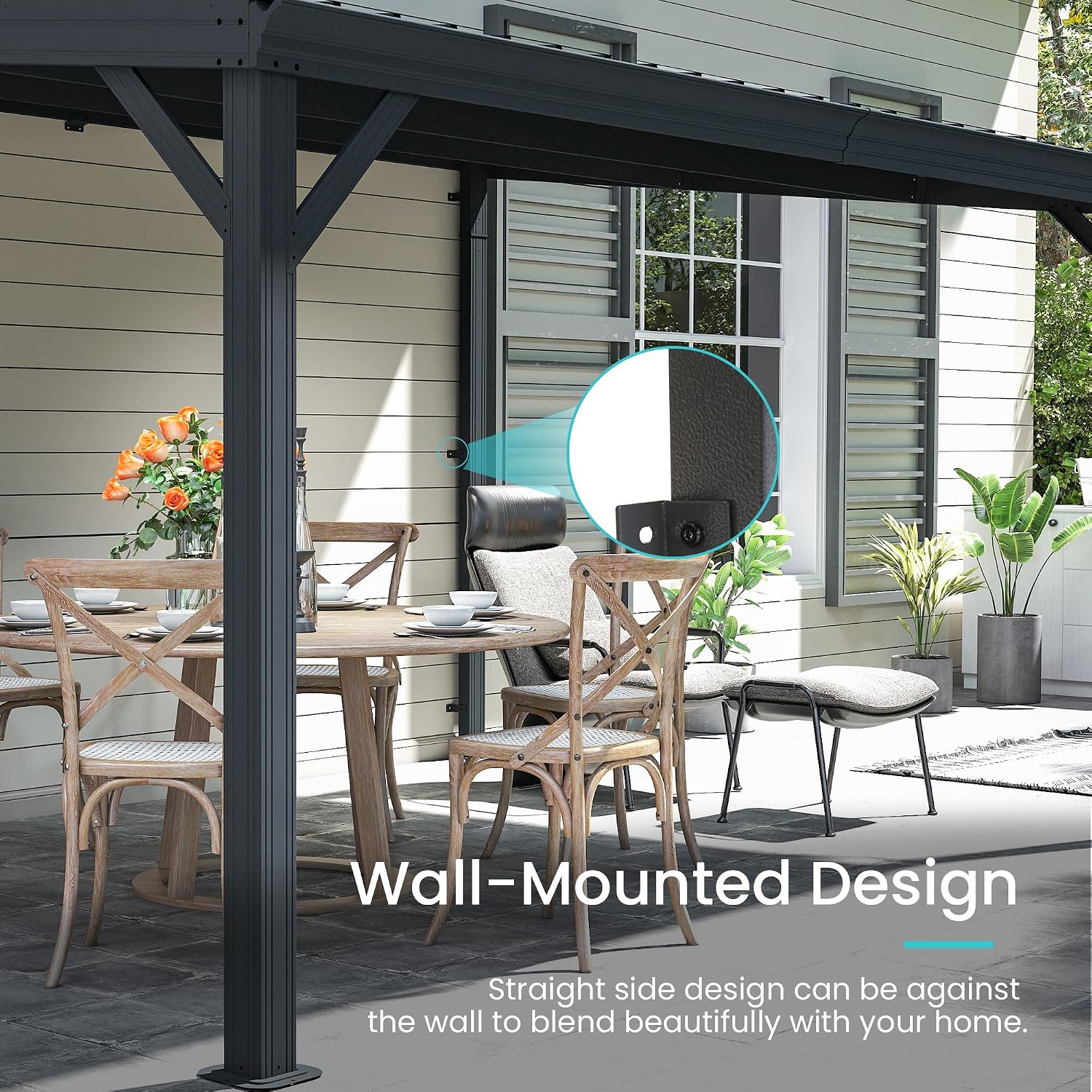 10' x 14' Lean to Gazebo, Wall Mounted Gazebos Pergola with Built in Drainage System, Galvanized Steel Roof