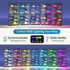 10-Tier Glass Display Cabinet with RGB Light and Motion Sensor,Black | 71''H Lockable Curio Cabinet with Glass