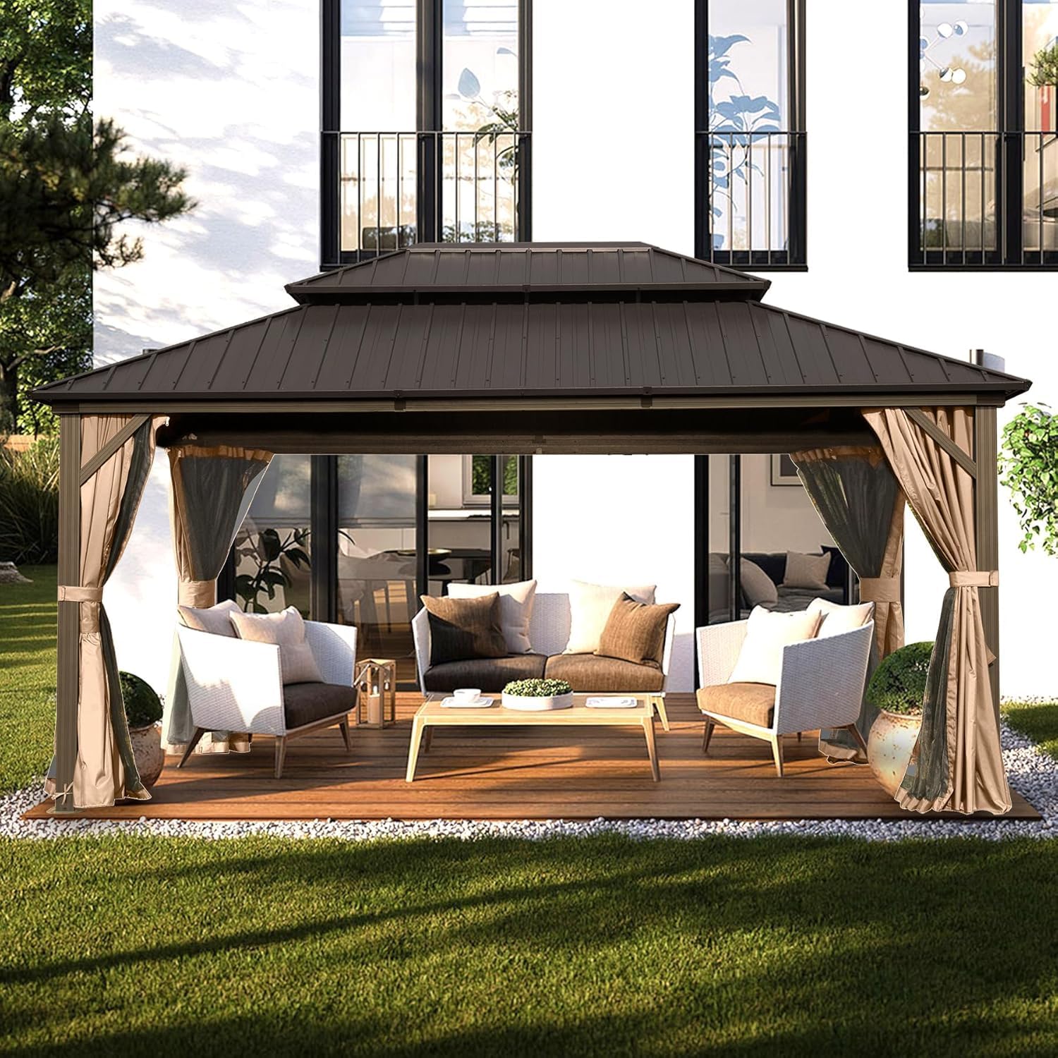 10' x 14' Hardtop Gazebo, Outdoor Metal Gazebo for Patios with Galvanized Steel Double Roof