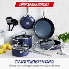 10 Piece Ceramic Nonstick Cookware Pots & Pans Set, Blue | PFAS-Free Diamond Infused Ceramic Nonstick, Metal Utensil