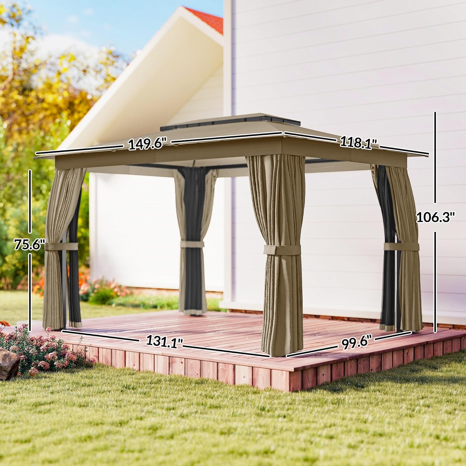 10' x 12' Outdoor Patio Gazebo, Heavy Duty Gazebo Canopy Shelter with Double Roof, Curtains, Netting, Steel Frame
