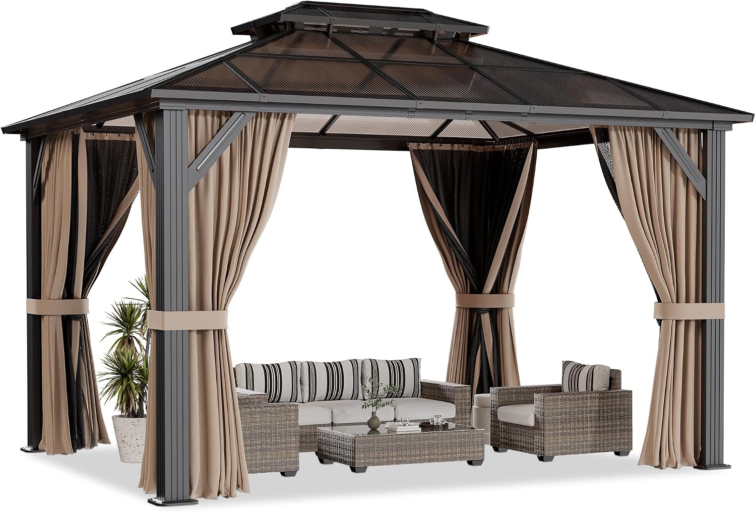 10'x12' Aluminum Polycarbonate Roof Gazebo Brown | Outdoor Hardtop Pergola with Aluminum Frame, Curtains and Netting