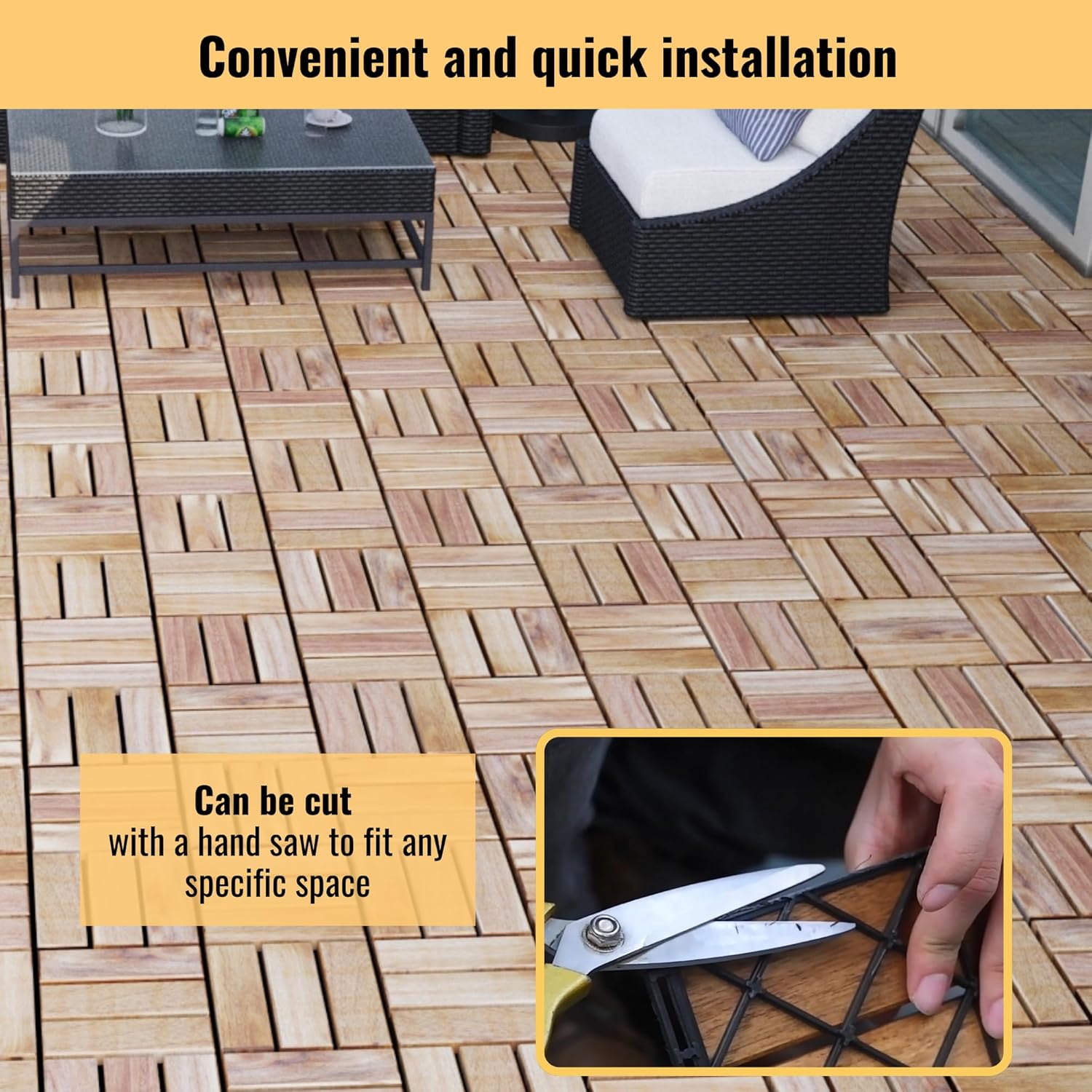 10 Pcs Outdoor Interlocking Deck Tiles, 12"x12" Acacia Wood Tiles for Patio, Porch, Balcony & Poolside, Checker