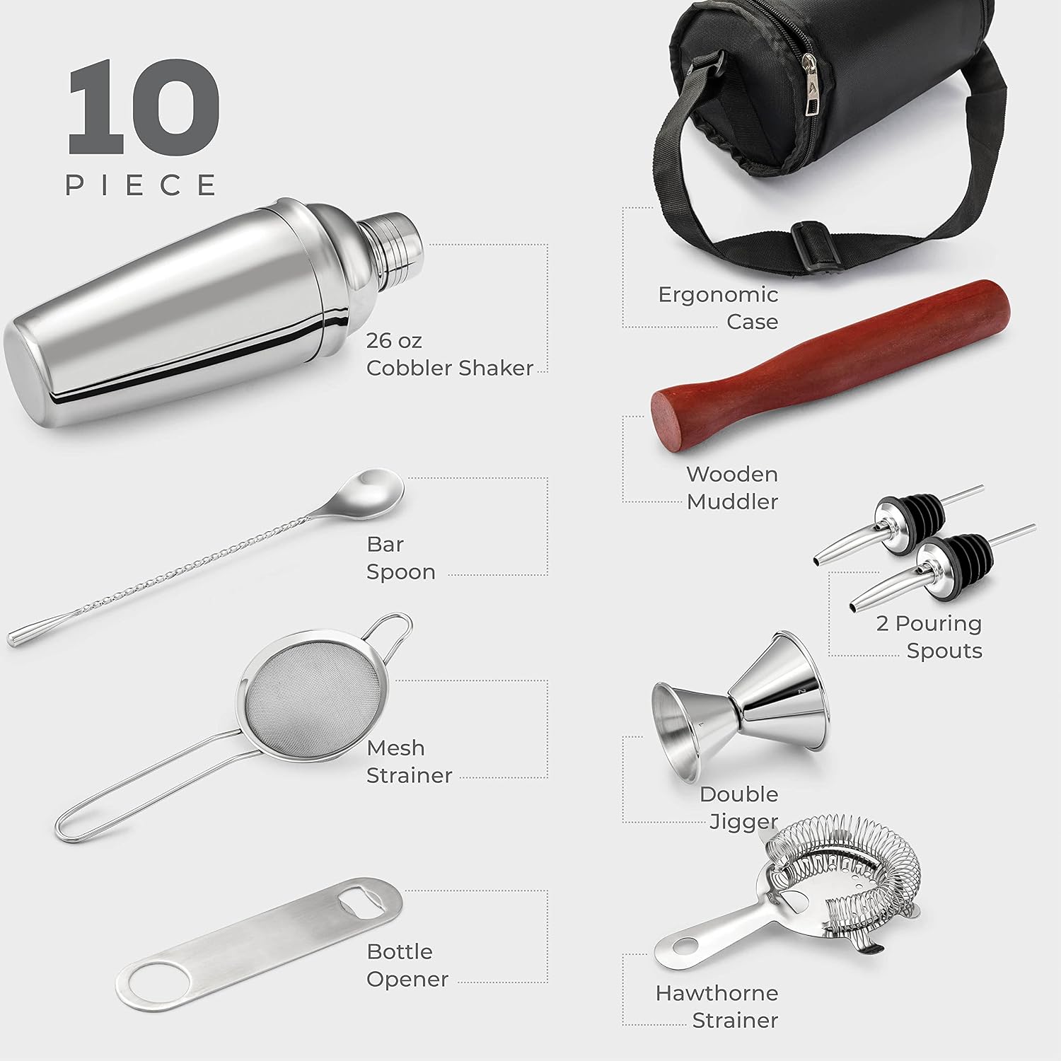10-Piece Cocktail Shaker Set with Travel Bag - Stainless Steel Shaker Set Bartender Kit - Mixology Bartender Kit