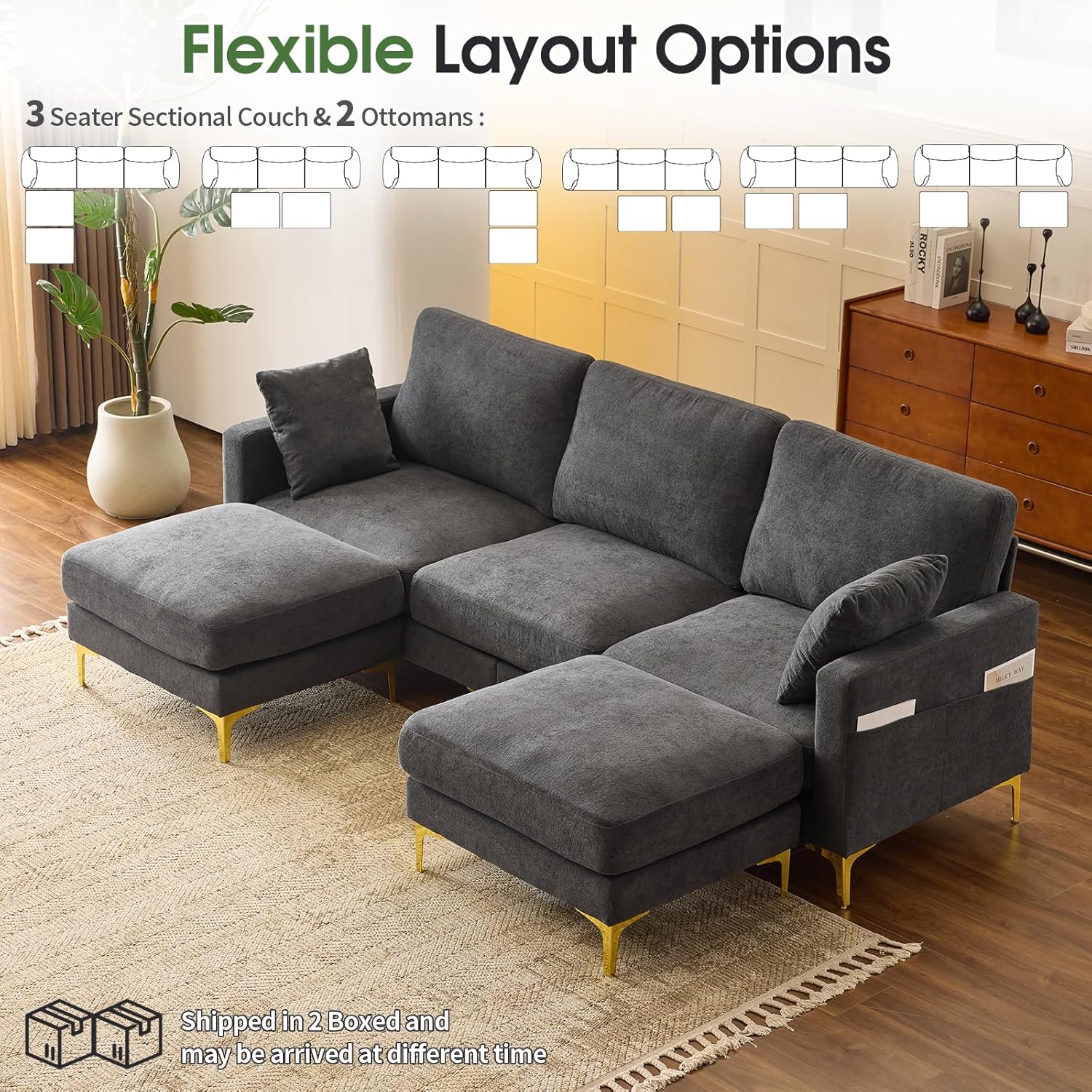 100" W U Shaped Couch with Ottoman, 22" Deep Seat Comfortable Sectional Couches for Living Room