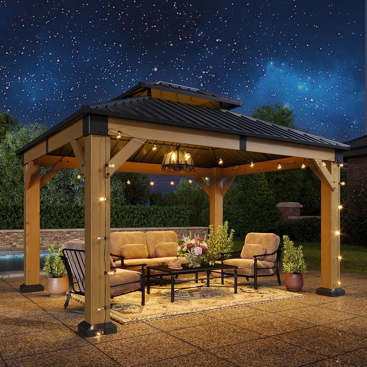 10' x 12' Outdoor Wood Gazebo, Hardtop Gazebo Permanent Wooden Pavilion with Galvanized Steel Double Roof