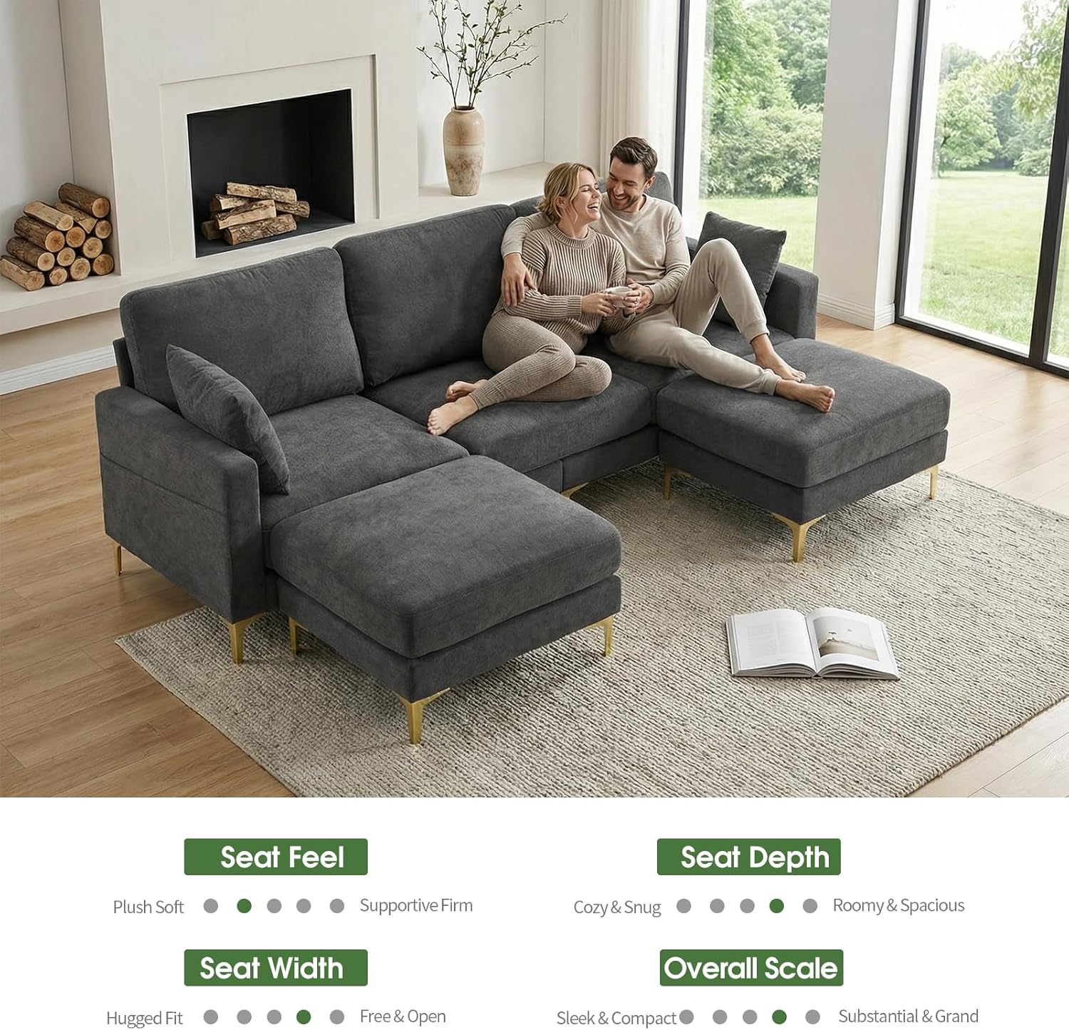 100" W U Shaped Couch with Ottoman, 22" Deep Seat Comfortable Sectional Couches for Living Room