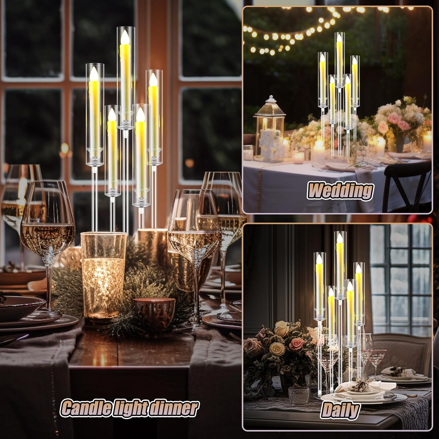1 Set 5 Arm Acrylic Candelabra Holder Floor Clear Candle Centerpieces with LED Candles and Shade for Proposal