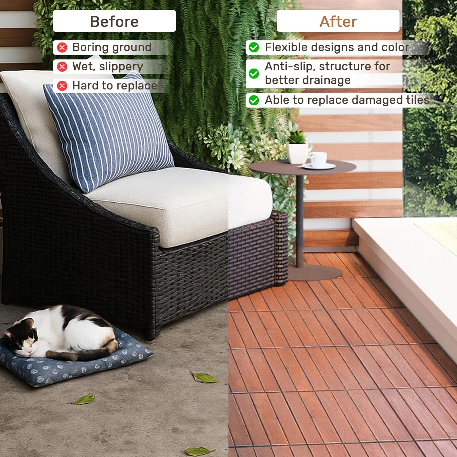 10 Pack Acacia Wood Interlocking Deck Tiles, 12x12 Outdoor Flooring, Non-Slip & Weather Resistant, Easy DIY Patio Tiles