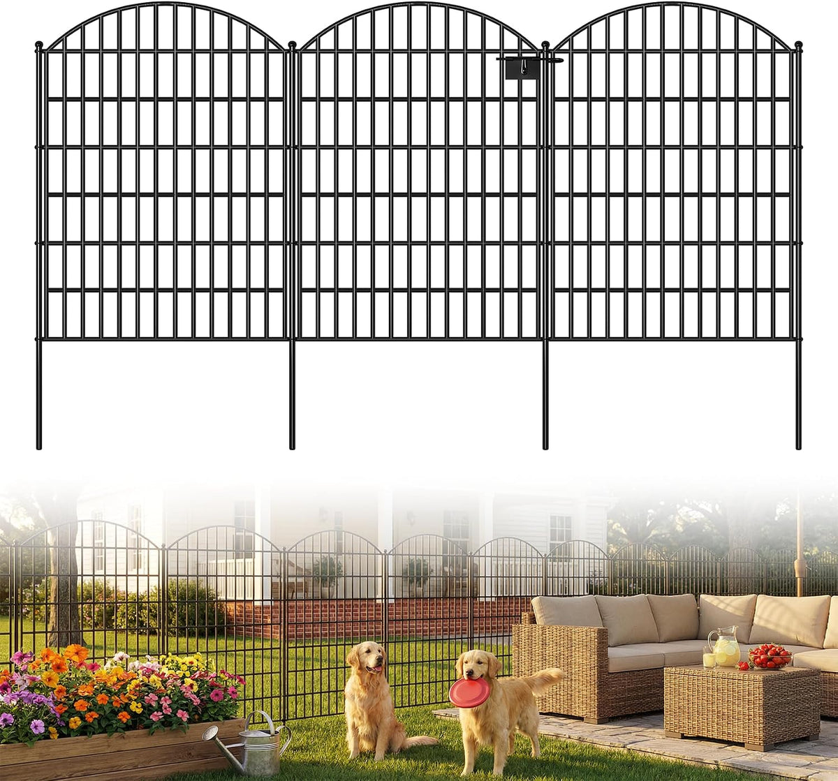 10 Panels Arched No Dig Decorative Garden Fence with Gate, 40in(H) x 25.0ft(L) Dog Fence Outdoor for Yard, Rustproof