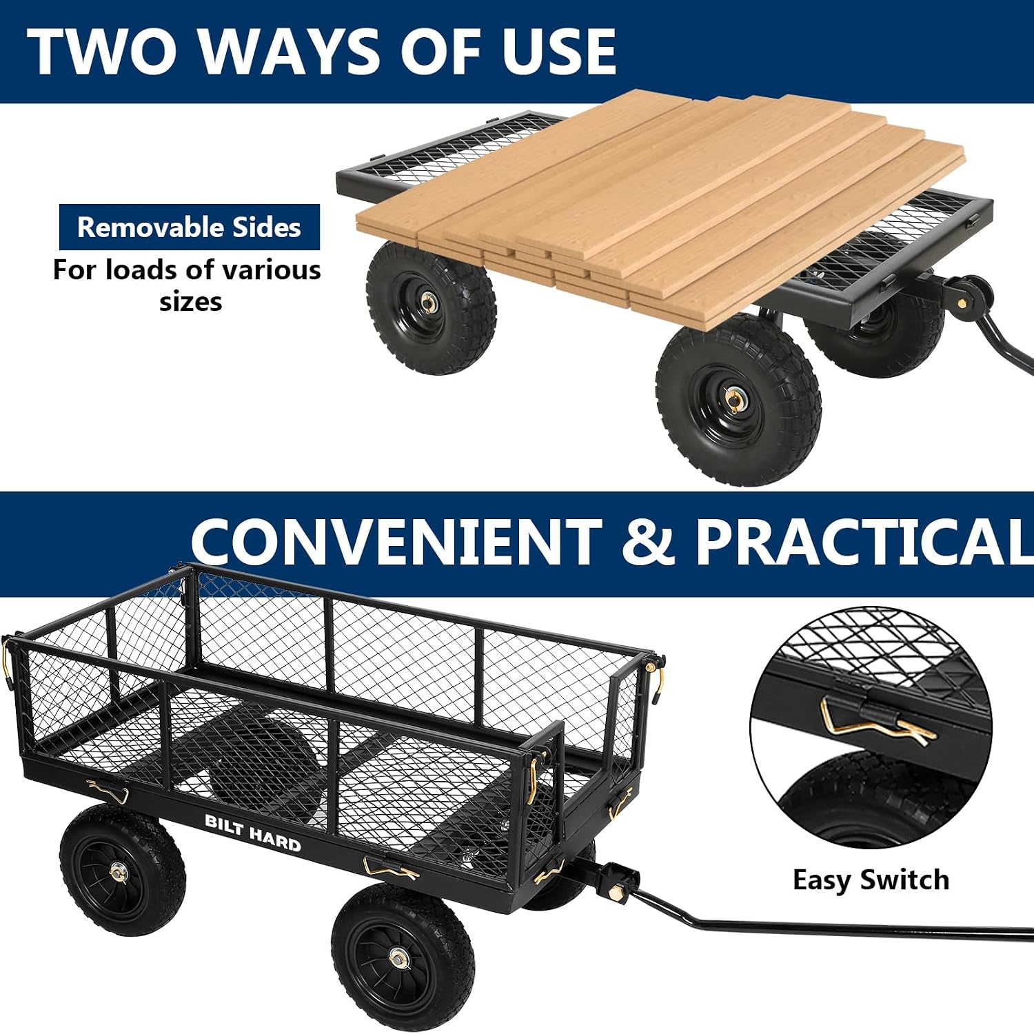 10" Flat Free Tires Heavy Duty Garden Cart with 180° Rotating Handle and Removable Sides, 4 Cu.Ft 880 lbs Capacity
