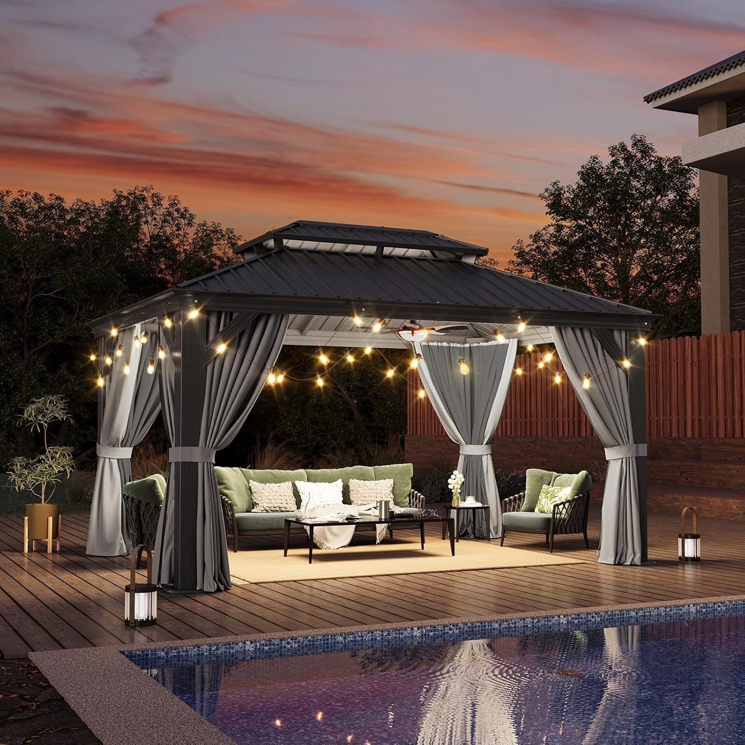 10' X 14' Hardtop Gazebo with Drainage System, Aluminum Outdoor Gazebo with Galvanized Steel Double Roof