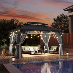 10' X 14' Hardtop Gazebo with Drainage System, Aluminum Outdoor Gazebo with Galvanized Steel Double Roof