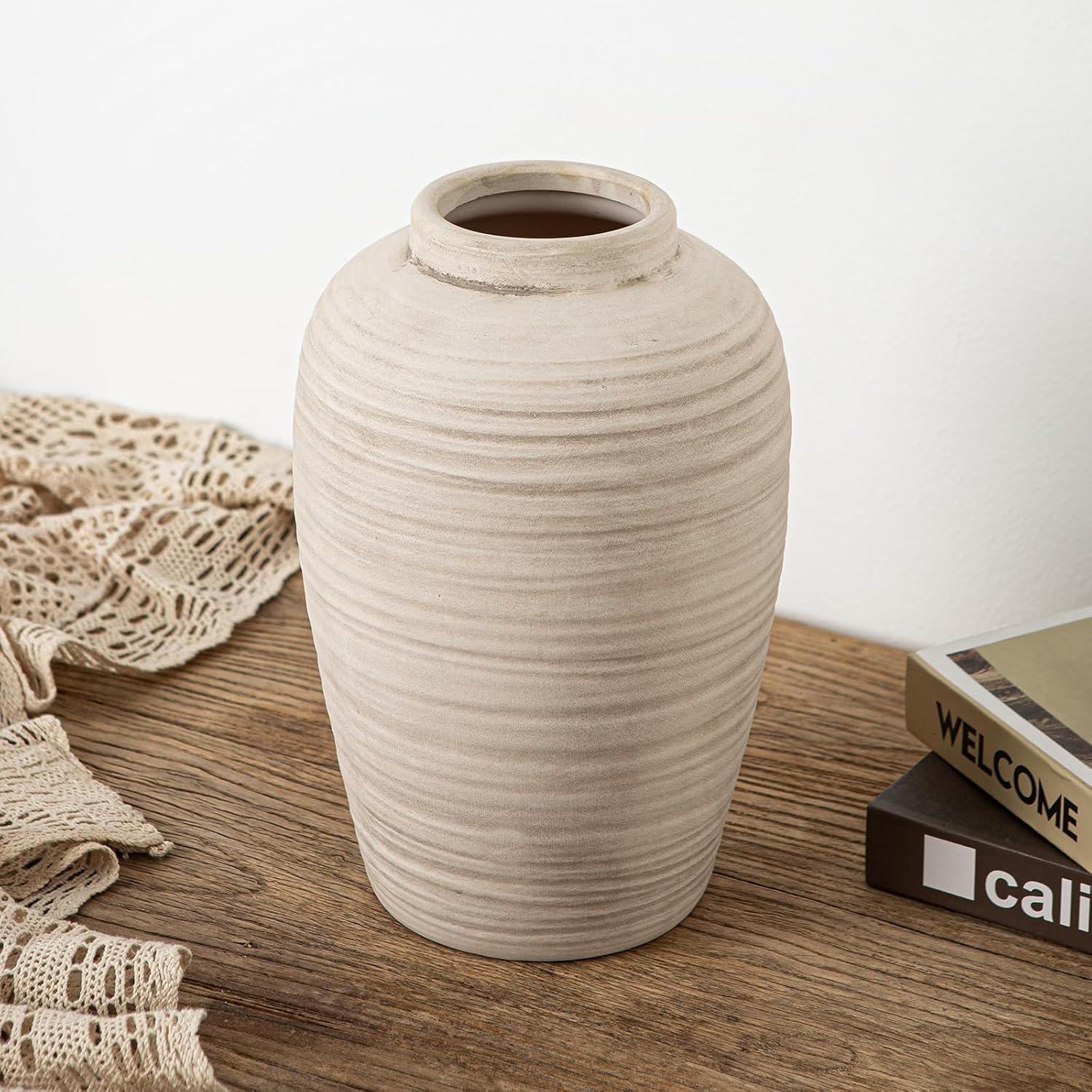 10 Inch Large Ceramic Vase Farmhouse Style Pottery Flower Vase | Handcrafted Rustic Ceramic Vase,Cream Ceramic
