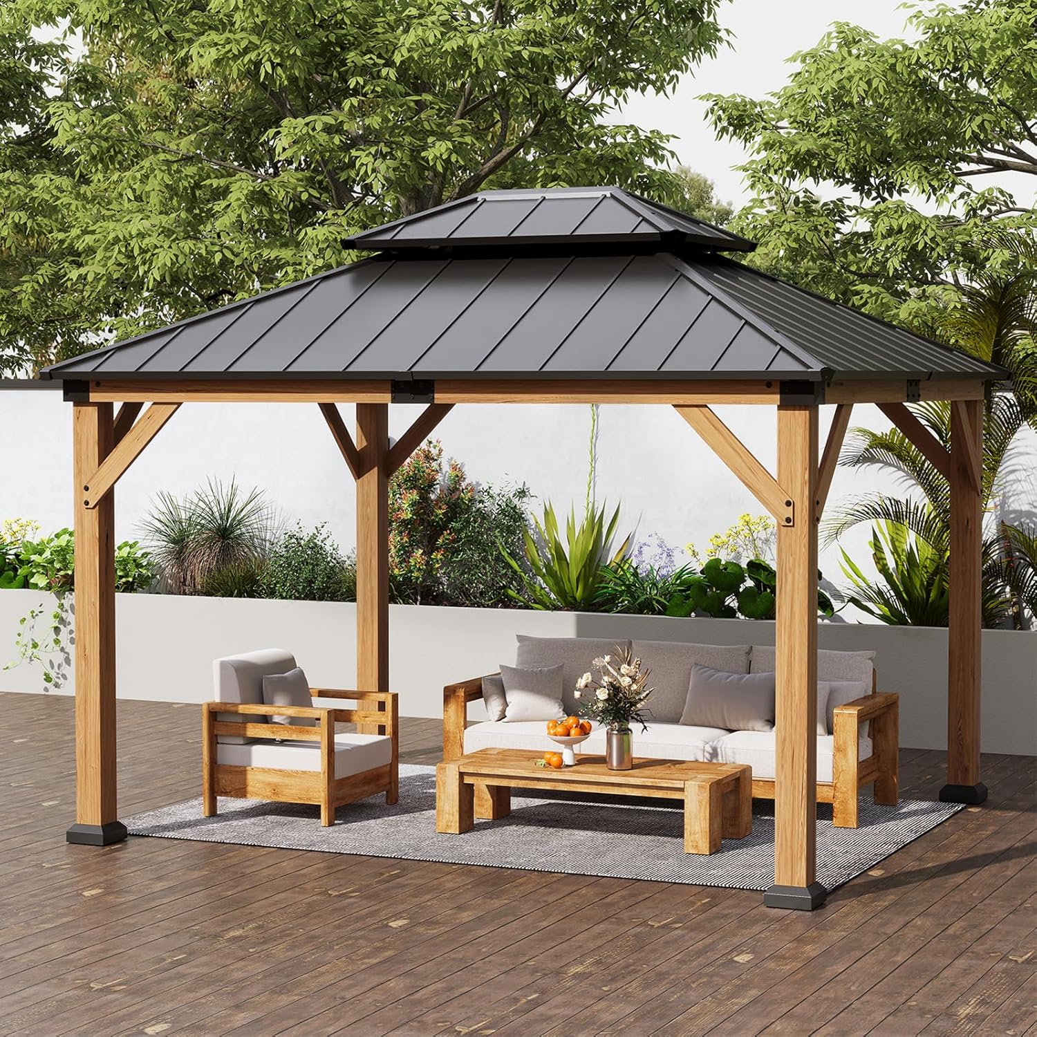 10' X 12' Wood Gazebo Hardtop Outdoor Permanent Pavilion with Double Galvanized Steel Roof Snow Support
