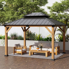 10' X 12' Wood Gazebo Hardtop Outdoor Permanent Pavilion with Double Galvanized Steel Roof Snow Support