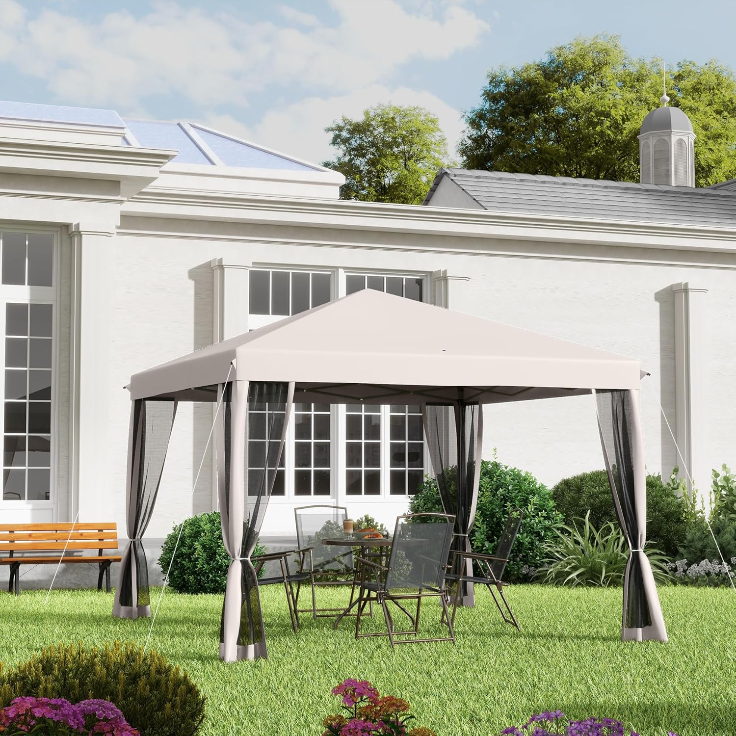 10' x 10' Pop Up Canopy Tent with Netting, Instant Gazebo, Screen House Room with Carry Bag, Height Adjustable Beige