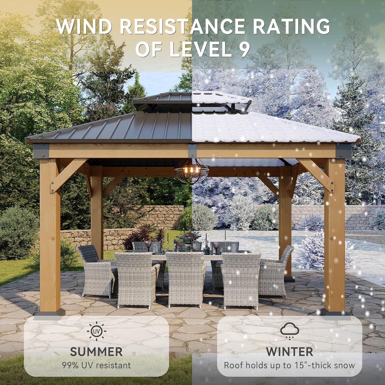 10' x 12' Outdoor Wood Gazebo, Hardtop Gazebo Permanent Wooden Pavilion with Galvanized Steel Double Roof
