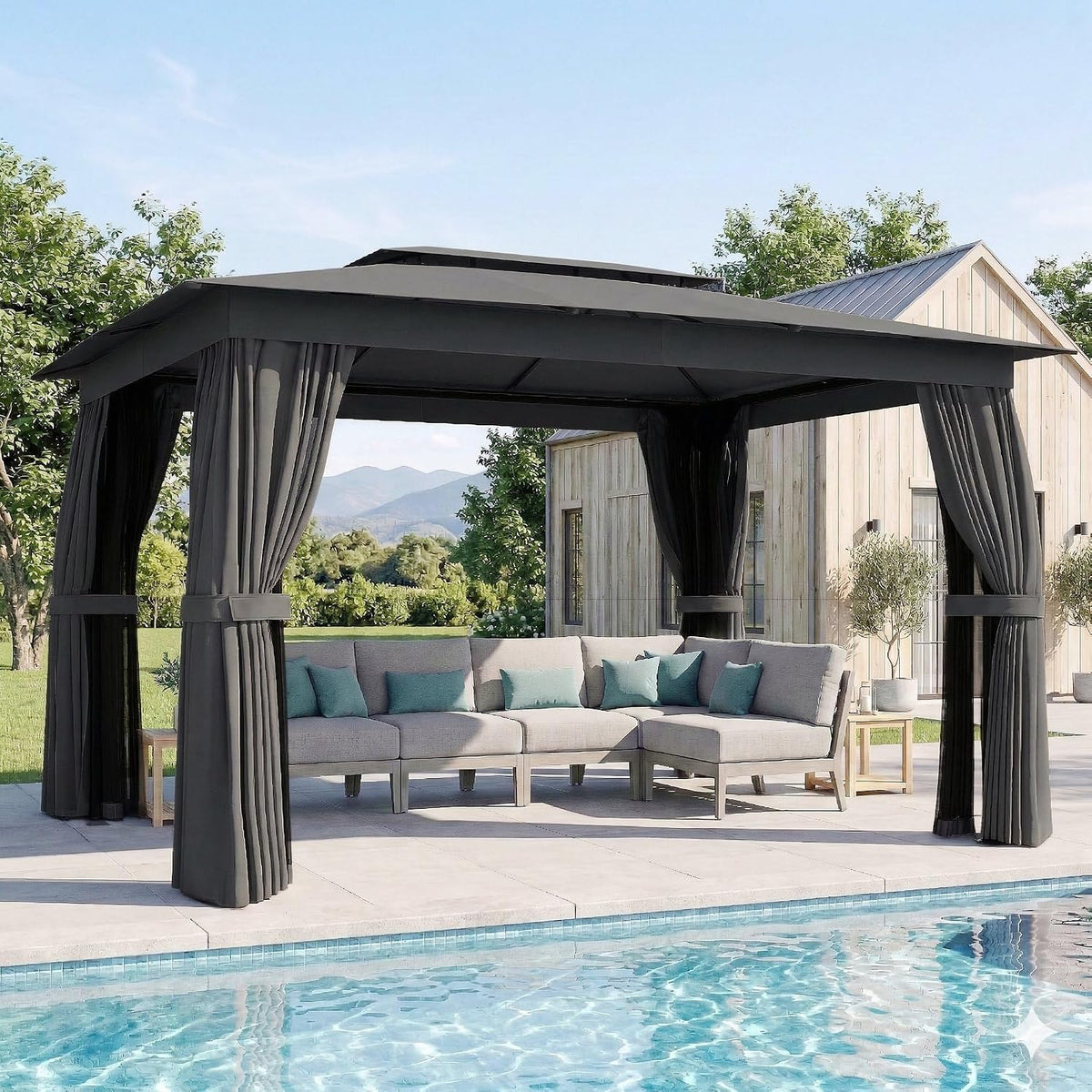 10' x 12' Outdoor Patio Gazebo, Heavy Duty Gazebo Canopy Shelter with Double Roof, Curtains, Netting, Steel Frame