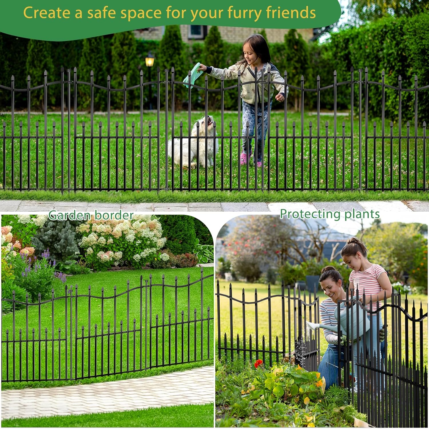 10 Panels No Dig Decorative Garden Fence with Gate, 24in(H) × 22ft(L) Heavy-Duty Rustproof Metal Panels, Outdoor Dog