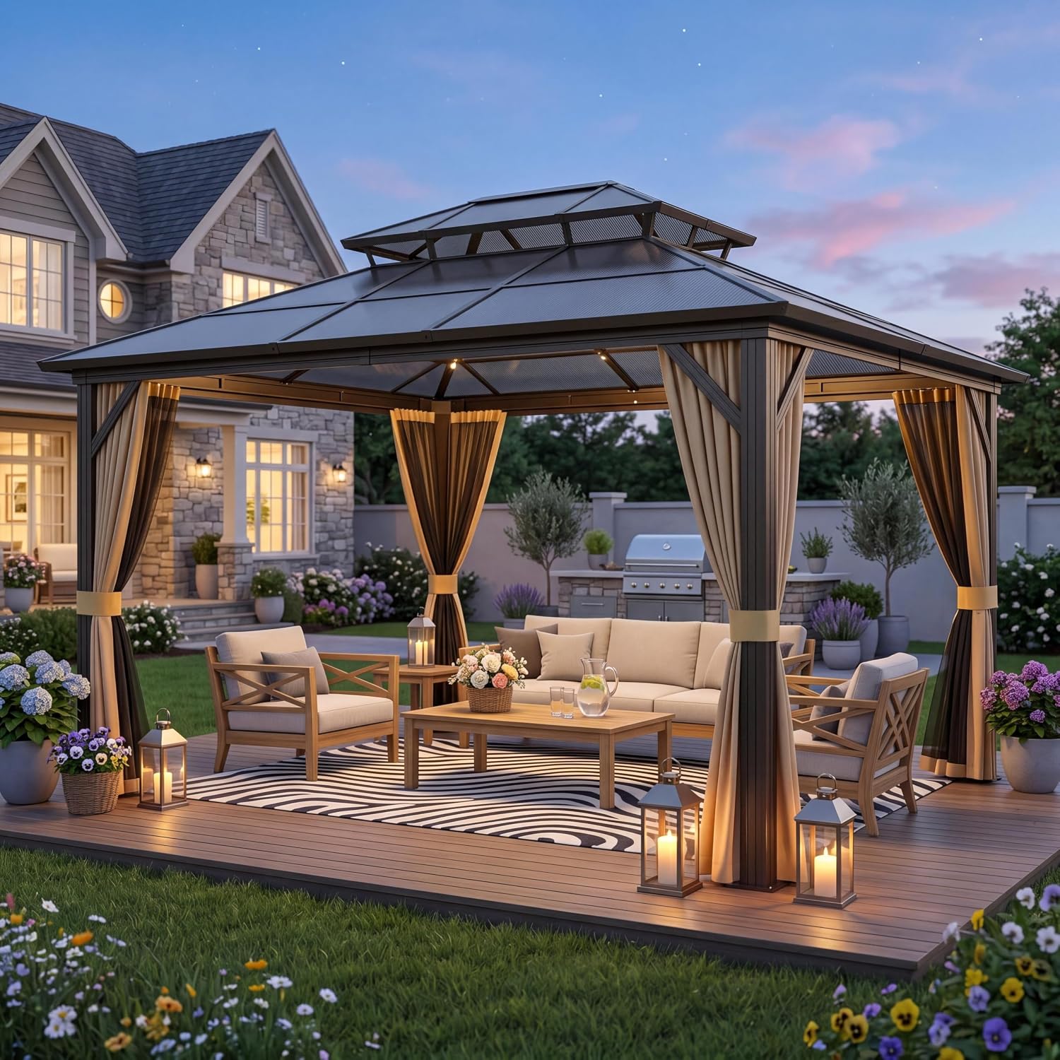 10'x12' Hardtop Gazebo, Outdoor Polycarbonate Double Roof Canopy