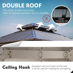 10'x12' Hardtop Gazebo - Permanent Metal Pavilion with Netting and Shaded Curtains for Patio, Backyard
