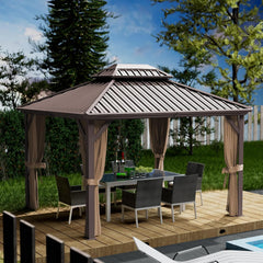 10'x12' Hardtop Gazebo - Permanent Metal Pavilion with Netting and Shaded Curtains for Patio, Backyard