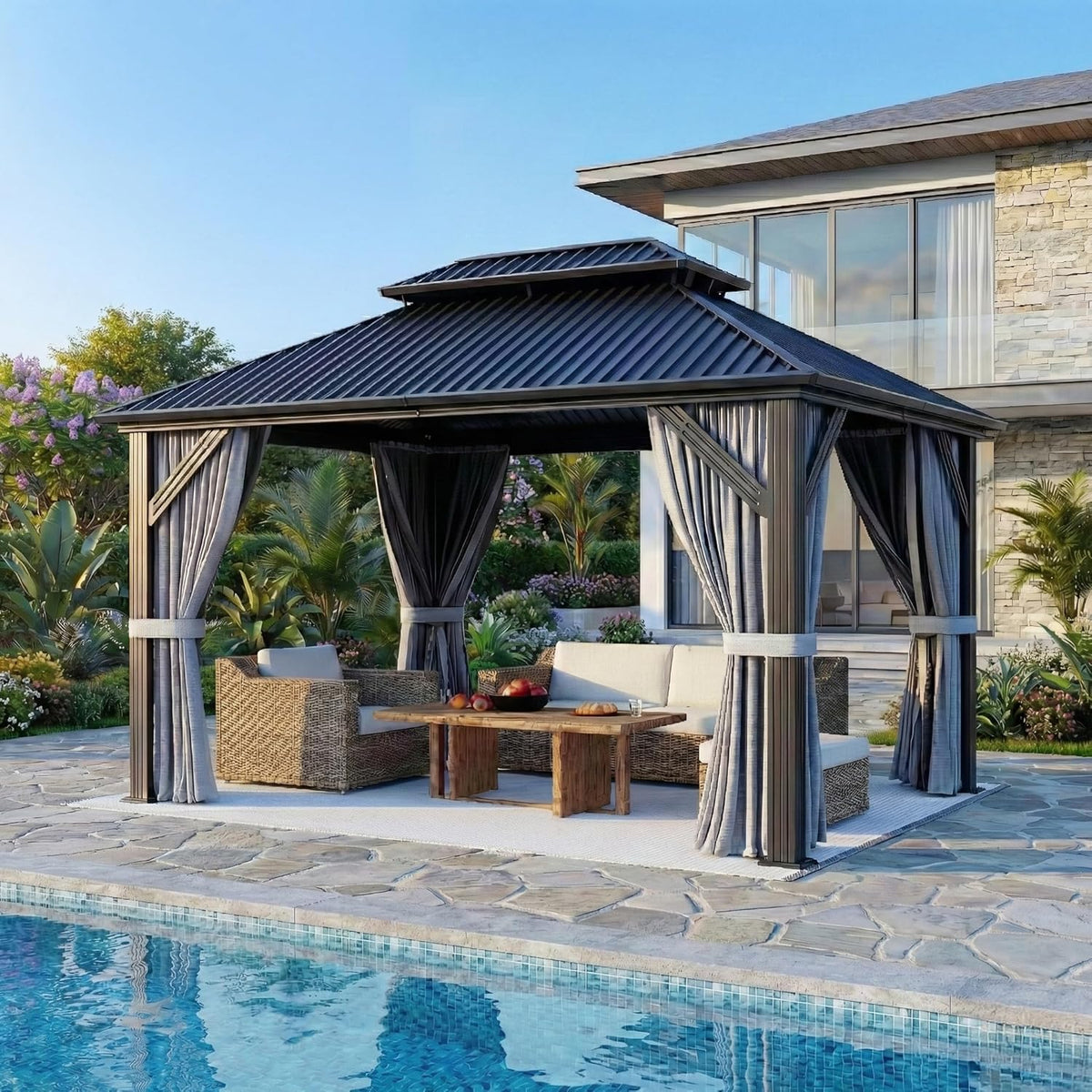 10'x12' Gazebo Hardtop Gazebo, Aluminum Pergola with Double Galvanized Steel Roof