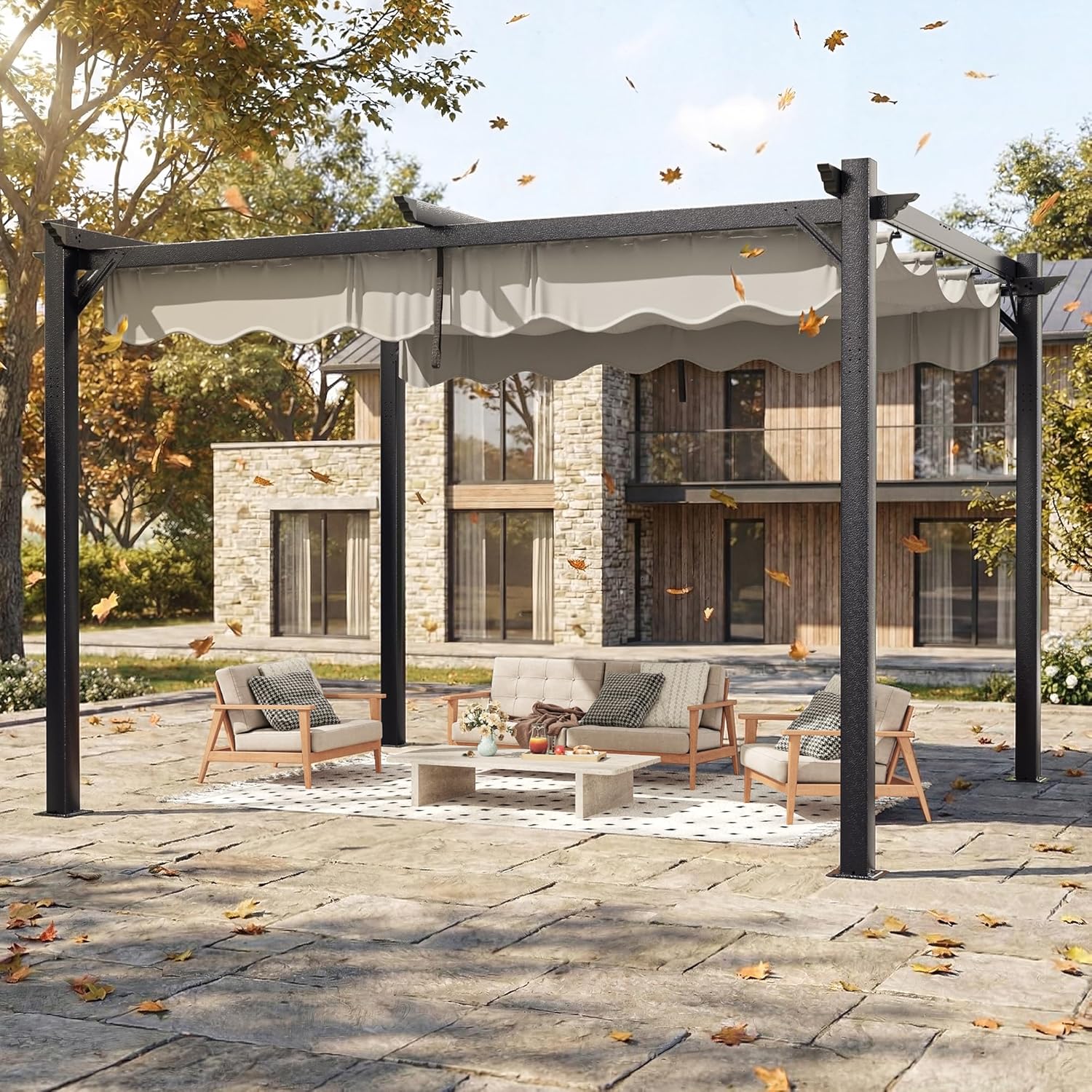 10'x12' Outdoor Pergola with Retractable Canopy, Patio Metal Heavy-Duty Gazebo Shelter