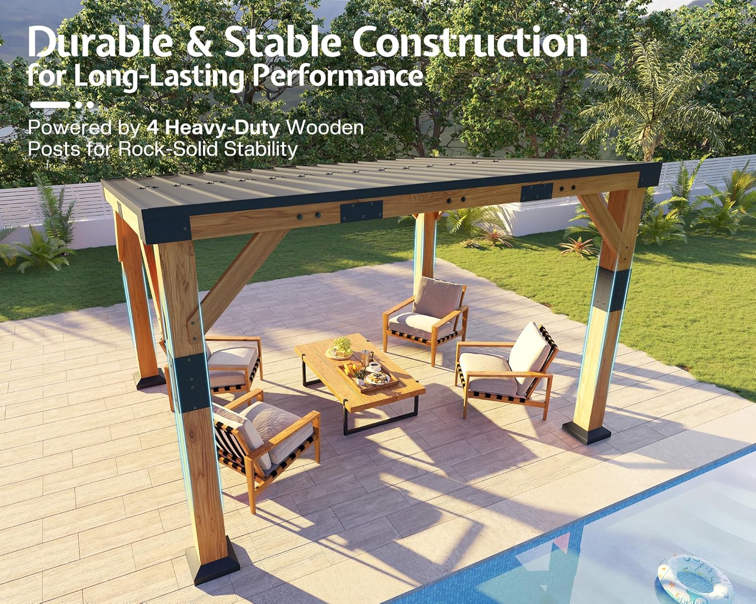 10' x 12' Cedar Wood Gazebo with Sloped Galvanized Steel Roof, Hardtop Gazebo Pavilion with Durable