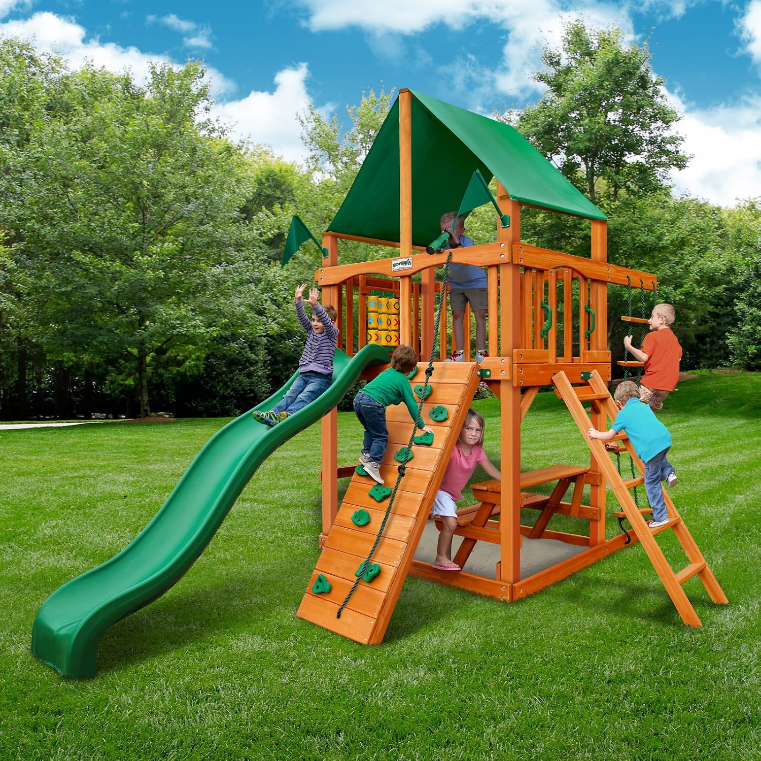 01-0061-AP-1 Chateau Tower Wooden Playset with Amber Posts, Slide, Climbing Wall, & Deluxe Green Vinyl Canopy