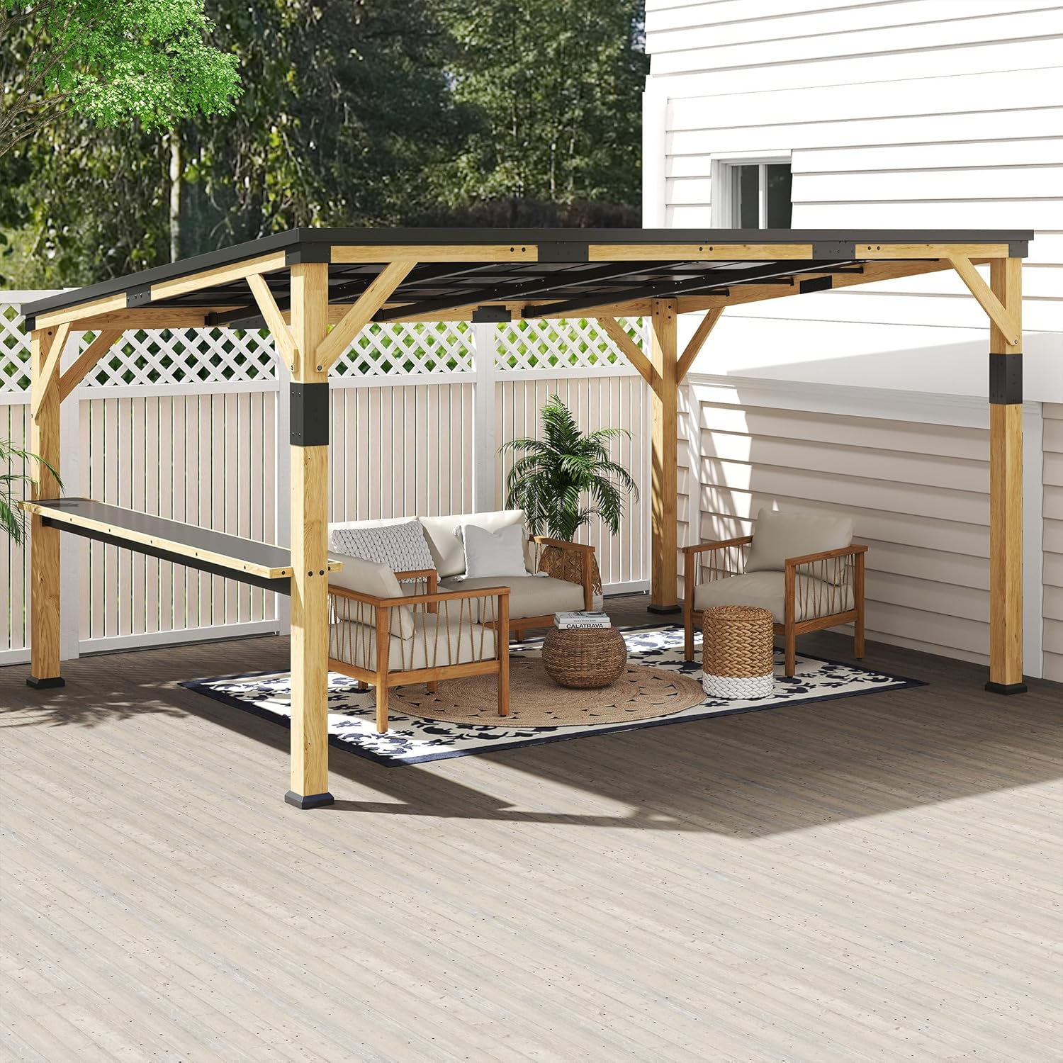 10' x 14' Wooden Gazebo with Galvanized Steel Sloped Roof, Hardtop Lean-to Gazebo Pergola with Bar Shelf